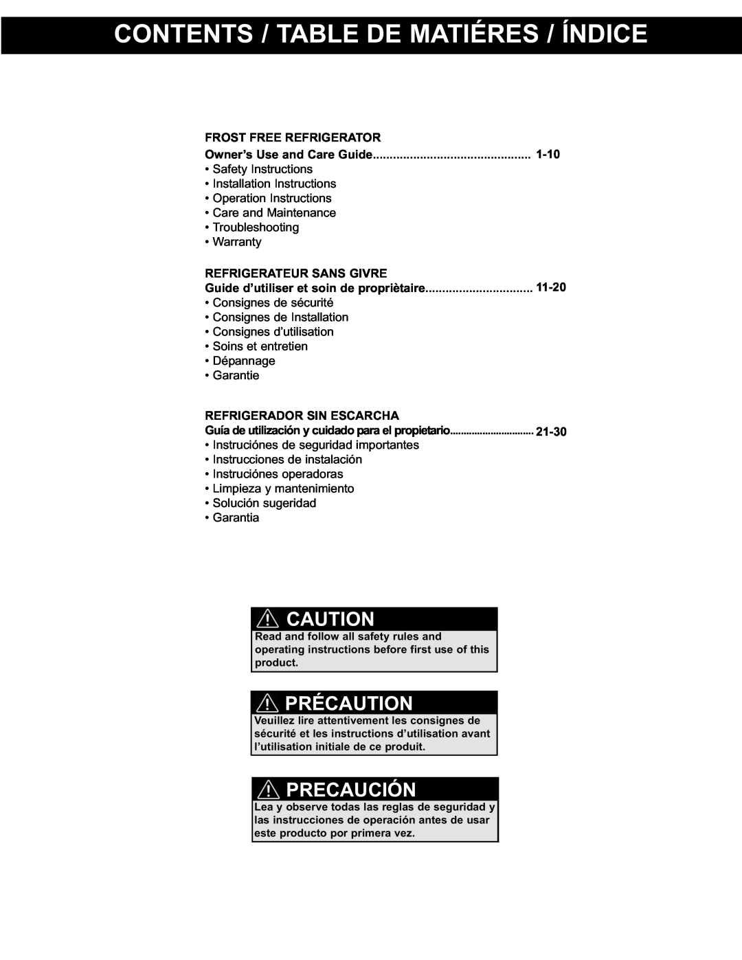 Danby DPF074B1WDB manual Contents / Table De Matiéres / Índice, Précaution, Precaución 